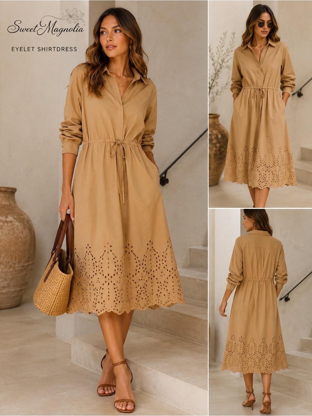 Sweet Magnolia Eyelet Shirtdress XXL Tan 100% Cotton Coastal Cowgirl Midi NWT